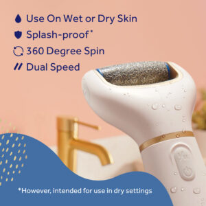 image of use on wet or dry skin. splash proof, 360 degree spin, dual speed
