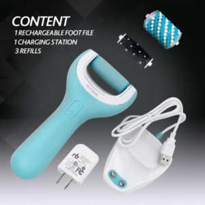 Image of rechargeable electronic foot file and charging docking station and 3 refills