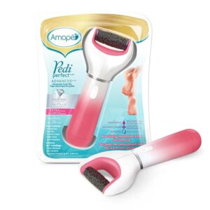 Amope pedi perfect advanced electronic foot file with roller head inside package and electronic foot file with roller head out to the package