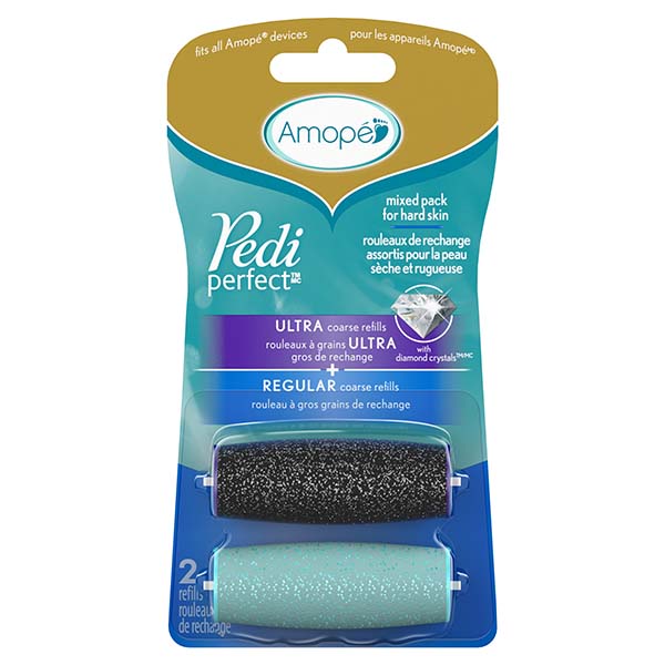 Amope pedi perfect mixed pack for hard skin with ultra coarse and regular coarse refills in package