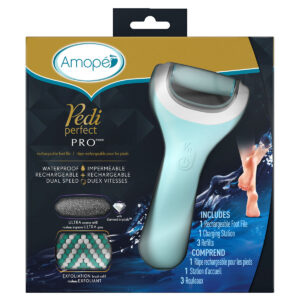 amope pedi perfect pro package with electronic foot file and 3 refills and a charging station