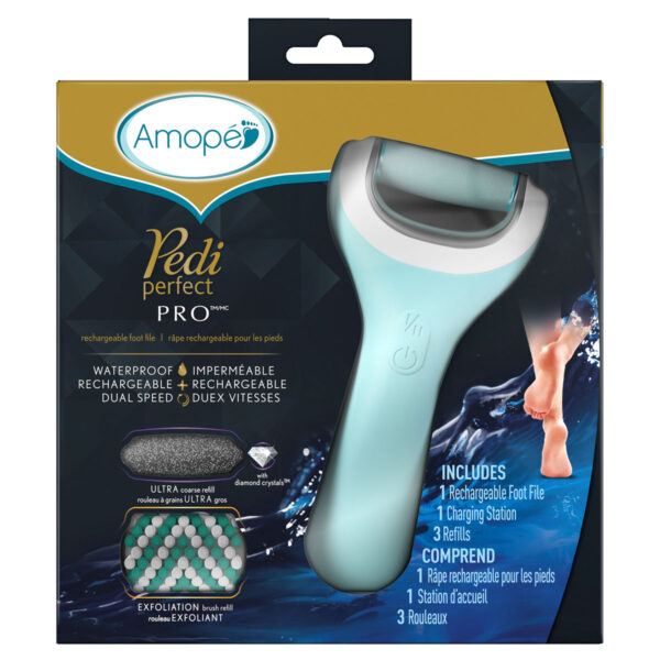 amope pedi perfect pro package with electronic foot file and 3 refills and a charging station