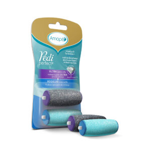 Amope pedi perfect mixed pack for hard skin with ultra coarse and regular coarse refills in package and two roller heads next to package