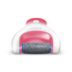 Top view of pink white electronic foot file with coarse roller head