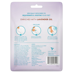 Amope pedimask foot mask with lavender oil package (back) with ingredients and how to use