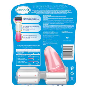 Back image of Amope electronic foot file package with coarse roller head and 4 batteries package