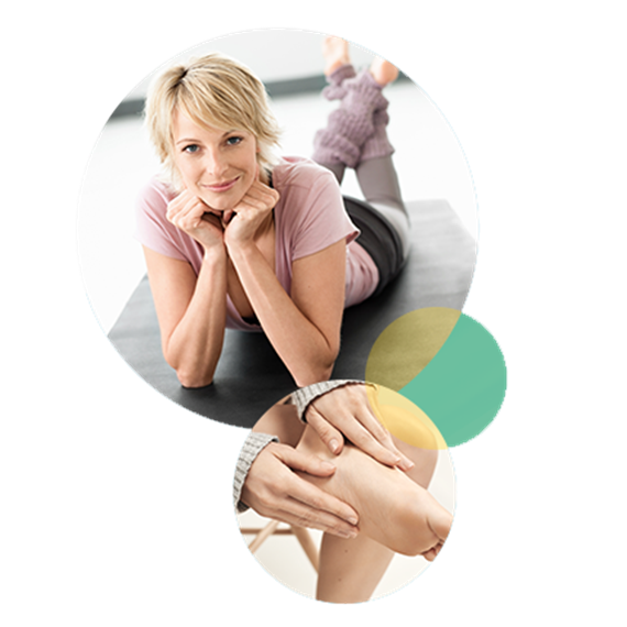 Photo of a woman lying on her stomach with her chin resting on her hands and another photo of hands touching foot