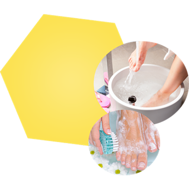 Image of foot being washed inside a small tub and another image of scrubbing a soapy foot with brush