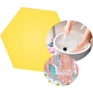 Image of foot being washed inside a small tub and another image of scrubbing a soapy foot with brush