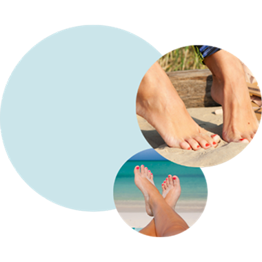 Image of pedicured bare feet on tip toe and another image of sandy bare feet