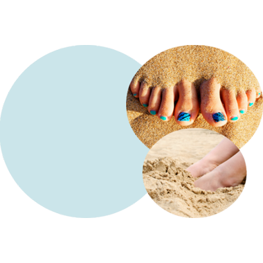 Feet buried in sand with toes visible and another image of only toes buried in sand