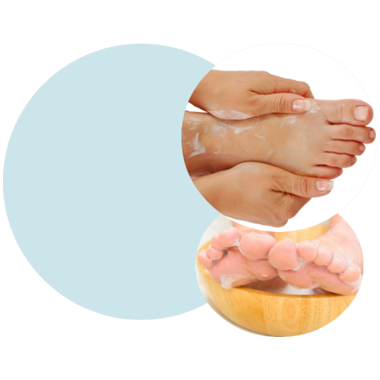 Image of foot cream being applied on foot and another image of soap bubbles on and under feet