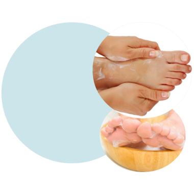 Image of foot cream being applied on foot and another image of soap bubbles on and under feet