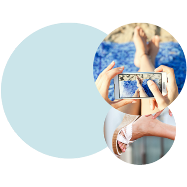 Image of taking photo of feet and another image of wedged sandal on foot