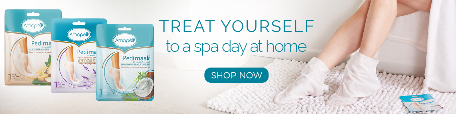 Image of shop now for treat yourself to a spa day at home with 3 types of amope pedimask sock masks 